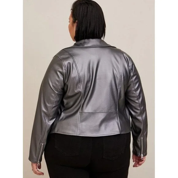 Torrid Plus Size 0X Metallic Faux Leather Moto Biker Jacket Silver Gray - Picture 4 of 11